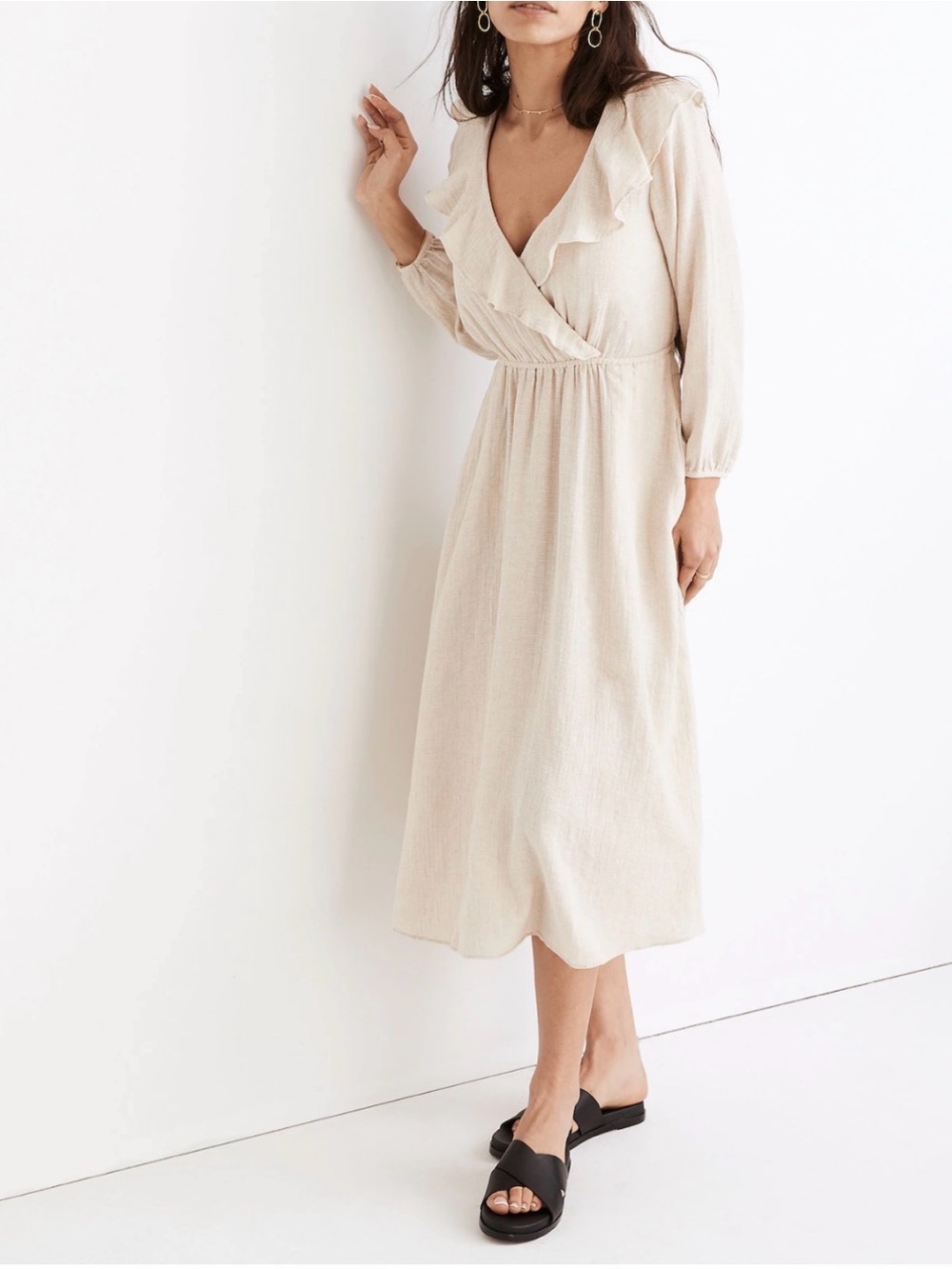 Madewell Linen/Cotton Ruffle V-Neck  Midi Dress